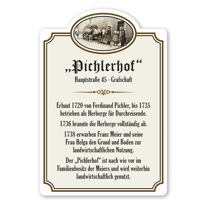 Hoftafel mit Hofnamen, Adresse, geschichtlichen Informationen und Hofbild - Ausführung Altgold
