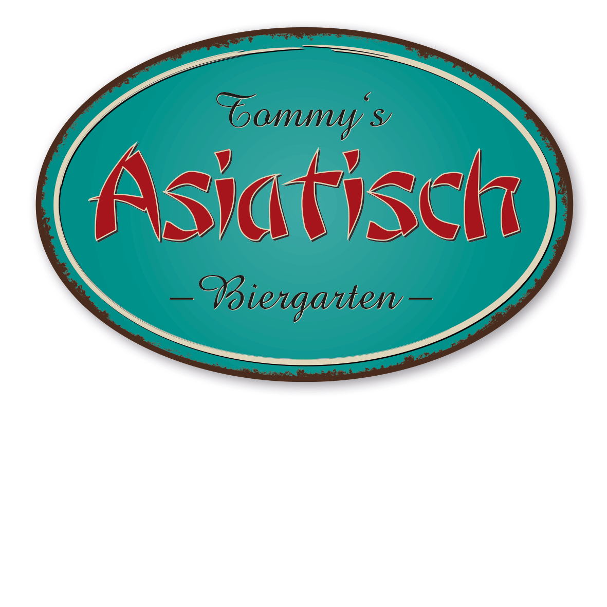 Retroschild / Vintage-Firmenschild Ovale Ausführung mit dreizeiligem Eindruck - Typ Asia
