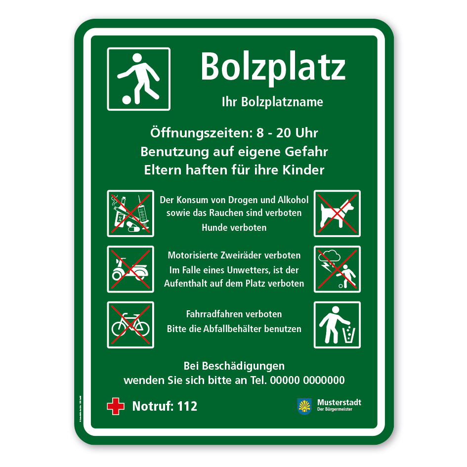 Spielplatzschild - Bolzplatz - mit 6 frei zu wählenden Piktogrammen – Schilderserie SP-03