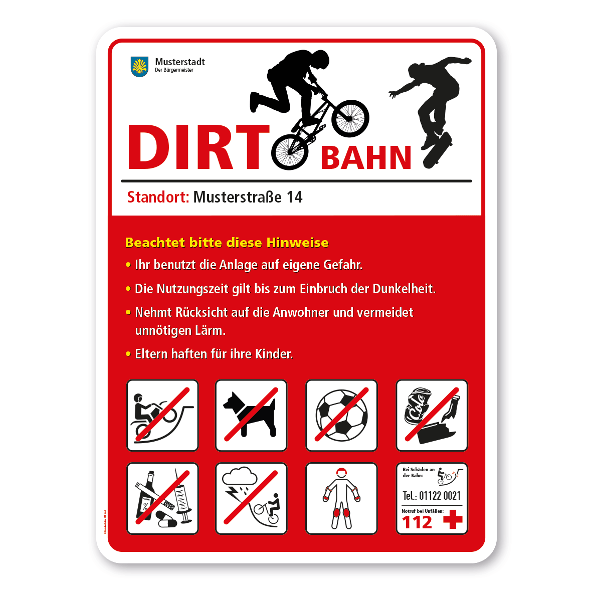 Sportplatzschild Dirt-Bahn -  mit 8 frei zu wählenden Piktogrammen – Schilderserie SP-02-B
