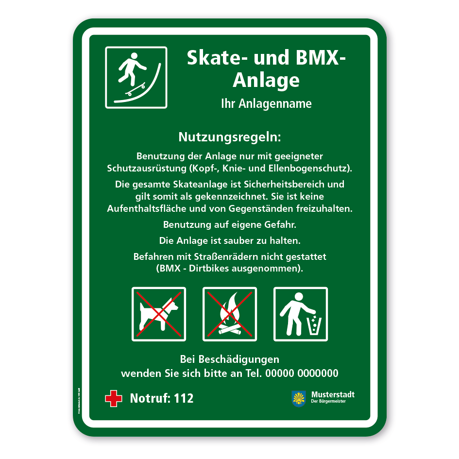 Spielplatzschild - Skate- und BMX-Anlage - mit 3 frei zu wählenden Piktogrammen – Schilderserie SP-03