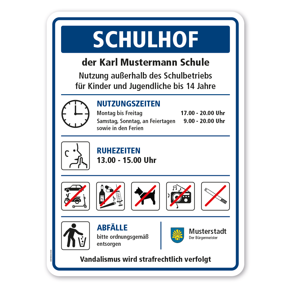 Schulhofschild Schulhof - mit 7 frei zu wählenden Piktogrammen – Schilderserie SP-02-B