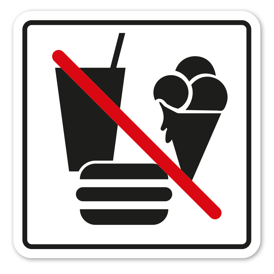 Verbotsschild Essen, Trinken und Eis essen verboten – quadratisch