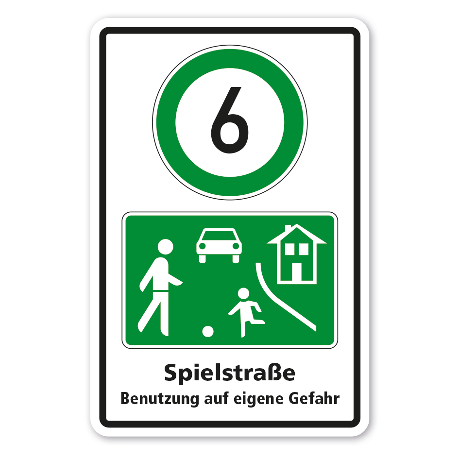 Hinweisschild Spielstraße - Benutzung auf eigene Gefahr - grüne Verkehrszeichen
