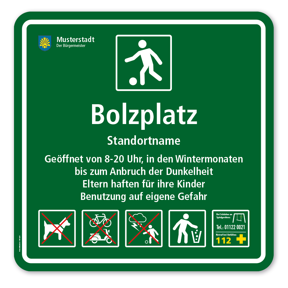 Spielplatzschild - Bolzplatz - mit 5 frei zu wählenden Piktogrammen - quadratisch – Schilderserie SP-03