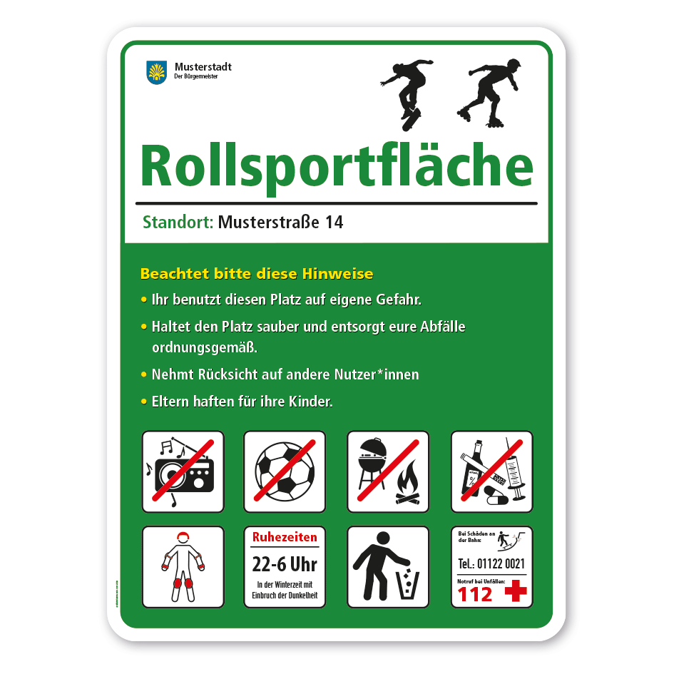 Spielplatzschild Rollsportfläche - Skateboarder - Inlineskater mit 8 frei zu wählenden Piktogrammen – Schilderserie SP-02-B