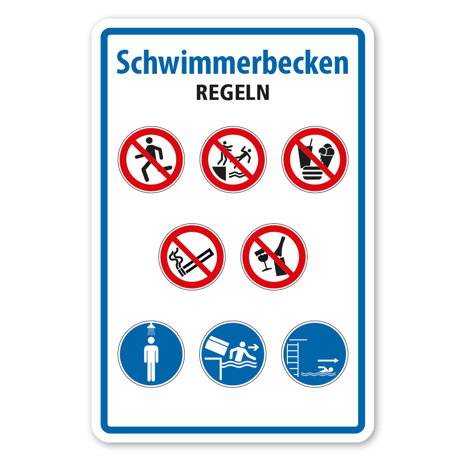 Hinweisschild Schwimmerbecken - Regeln - mit 8 Gebots- und Verbotszeichen Kopie
