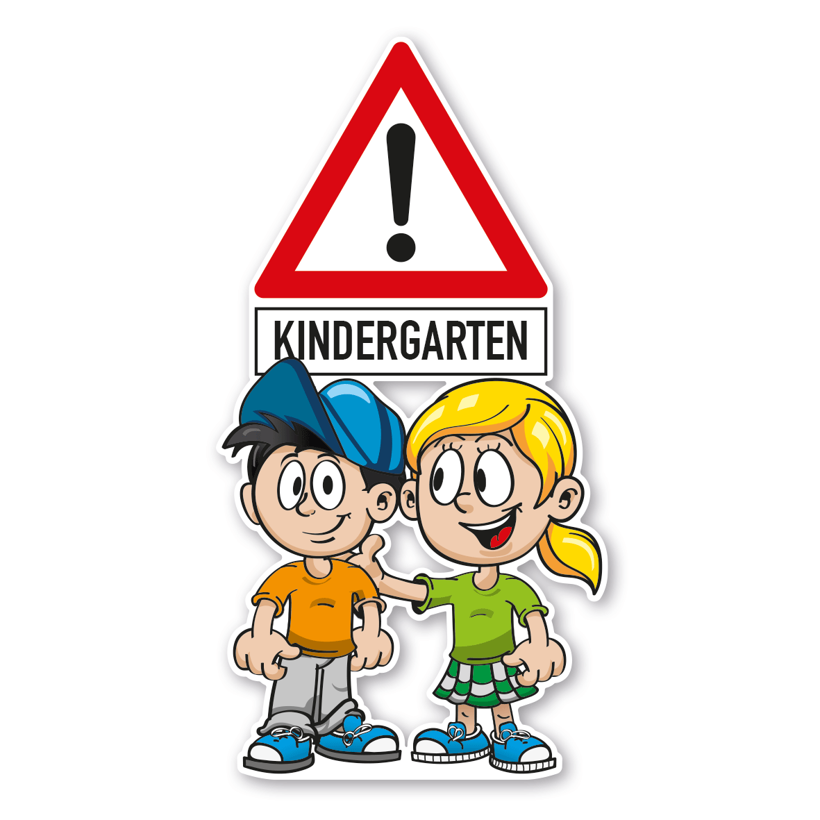 Kinderschild als Standfigur - Achtung Kindergarten - mit 2 Kindern - Schilderserie SP-01