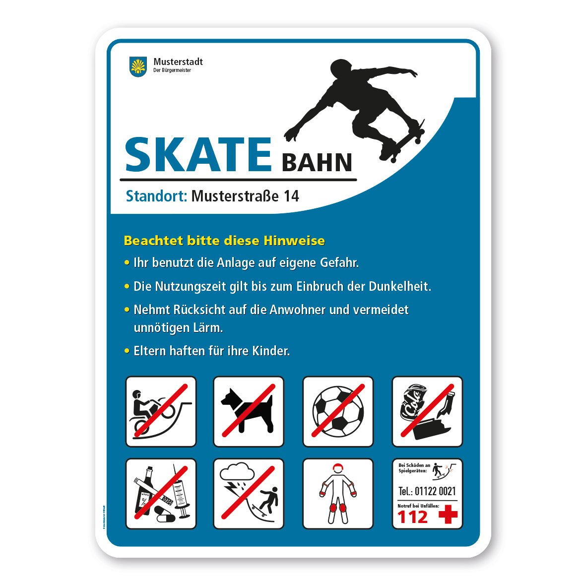 Sportplatzschild Skate-Bahn -  mit 8 frei zu wählenden Piktogrammen – Schilderserie SP-02-B
