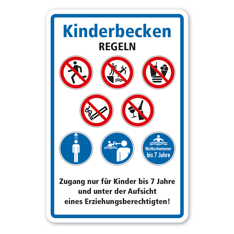 Hinweisschild Kinderbecken - Regeln - mit 8 Gebots- und Verbotszeichen