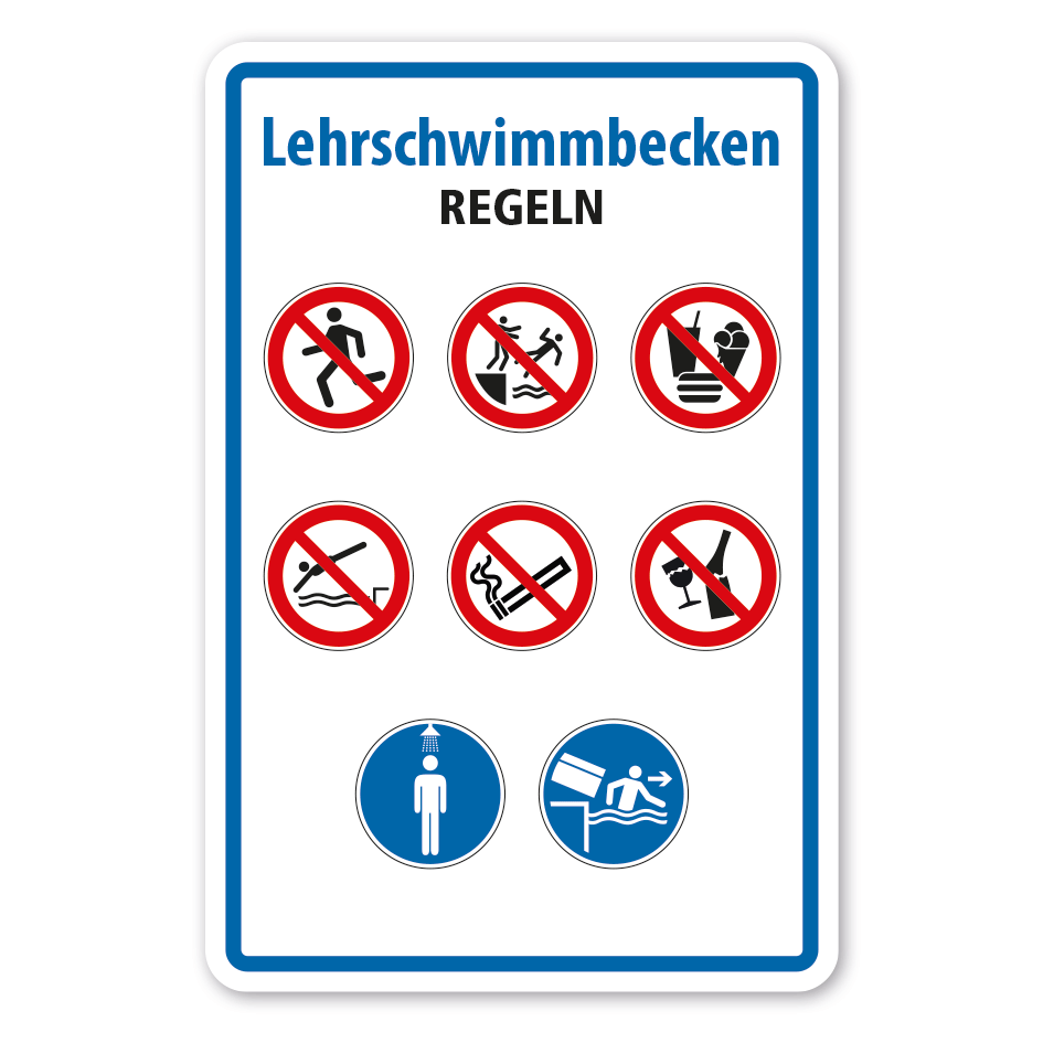 Hinweisschild Lehrschwimmbecken - Regeln - mit 8 Gebots- und Verbotszeichen