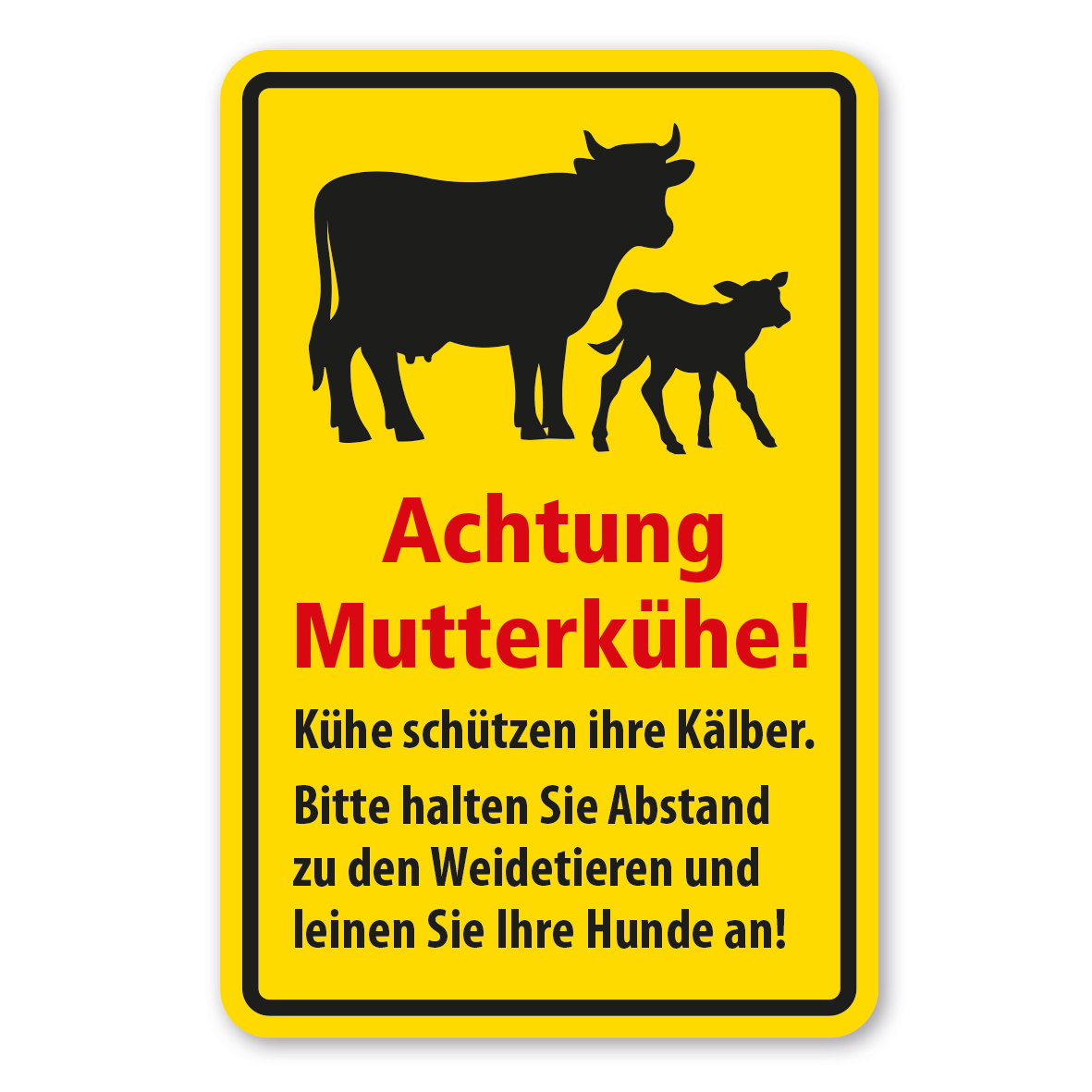 Hinweisschild Achtung Mutterkühe - Kühe schützen ihre Kälber - Bitte halten Sie Abstand zu den Weidetieren und leinen Sie Ihre Hunde an