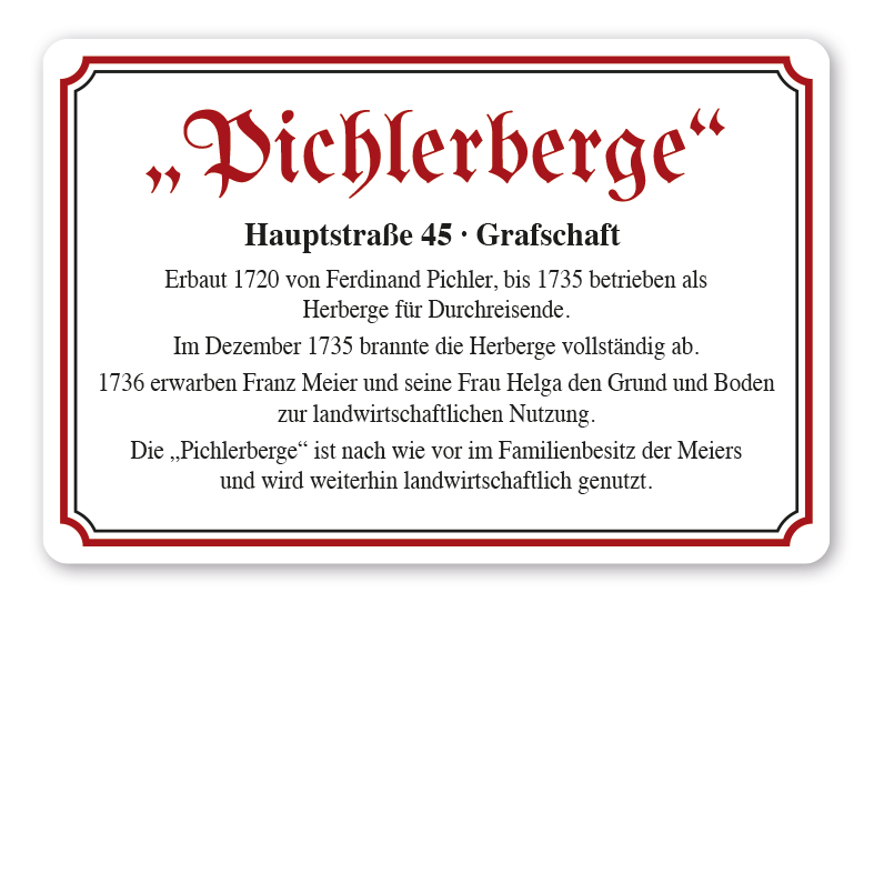 Hoftafel mit Hofnamen und geschichtlichen Informationen - rechteckige Ausführung in vier Farbvarianten