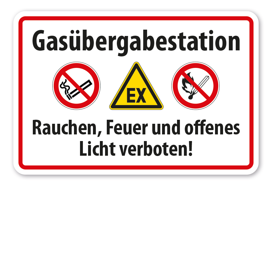 Warnschild Gasübergabestation - Rauchen, Feuer und offenes Licht verboten - mit Sicherheitszeichen