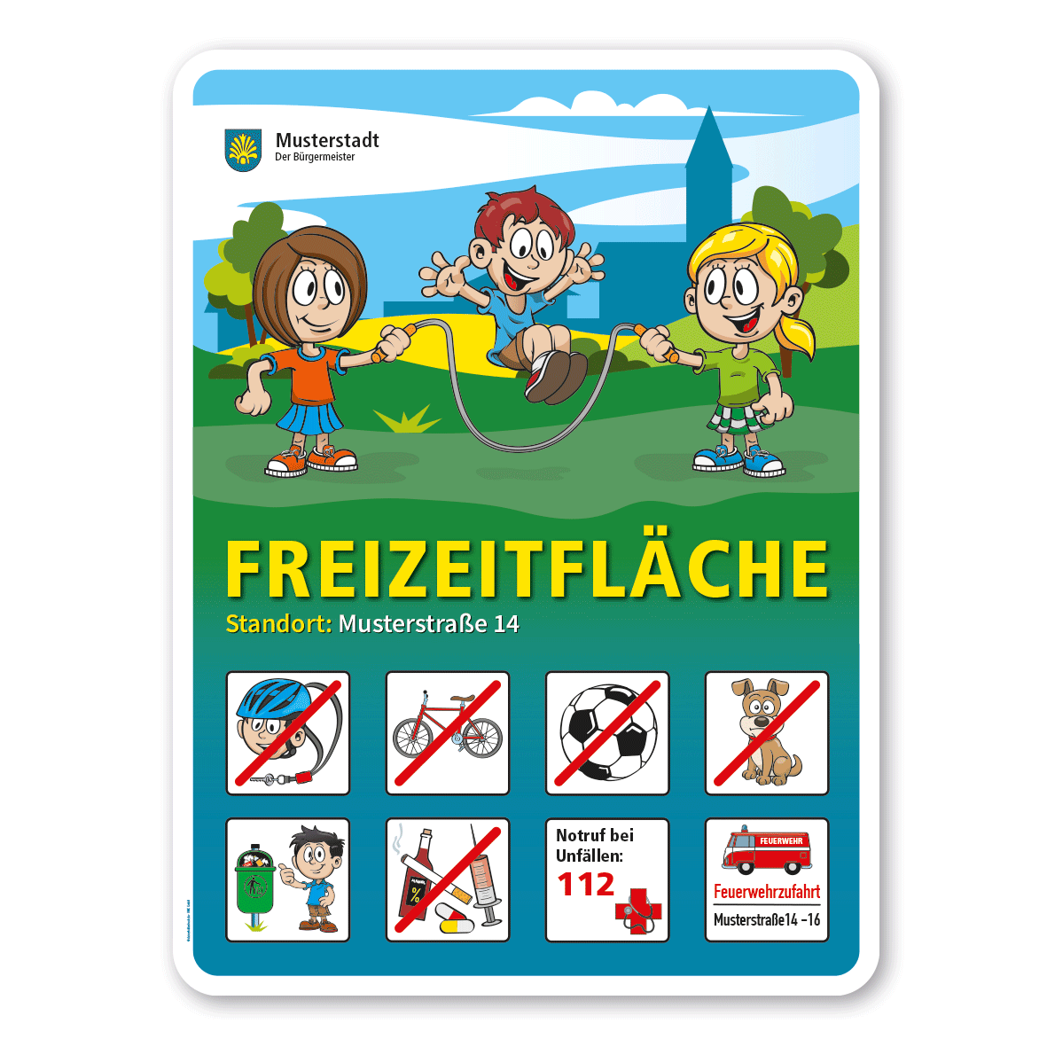 Spielplatzschild Freizeitfläche - mit 8 frei zu wählenden Piktogrammen – Schilderserie SP-01