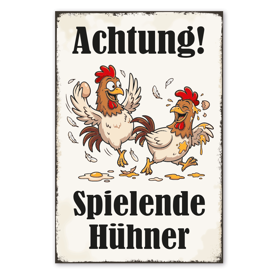 Retroschild Achtung Spielende Hühner