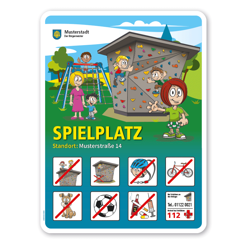 Spielplatzschild Boulderblock - mit 8 frei zu wählenden Piktogrammen – Schilderserie SP-01