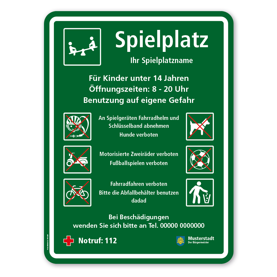 Spielplatzschild - Spielplatz - mit 6 frei zu wählenden Piktogrammen – Schilderserie SP-03
