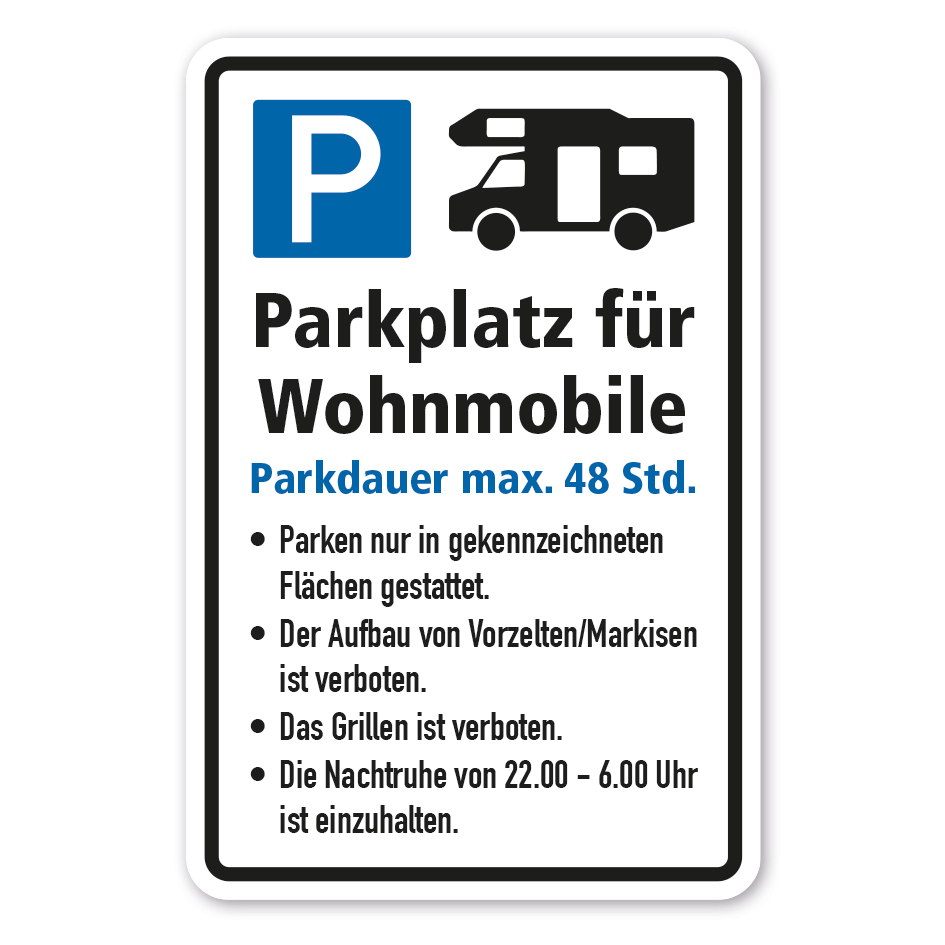 Hinweisschild Parkplatz für Wohnmobile - Parkdauer max. 48 Stunden