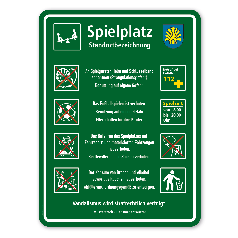 Spielplatzschild - Spielplatz - mit Wippe und großem Gemeindewappen - mit Zusatztexten und 8 frei zu wählenden Piktogrammen – Schilderserie SP-03