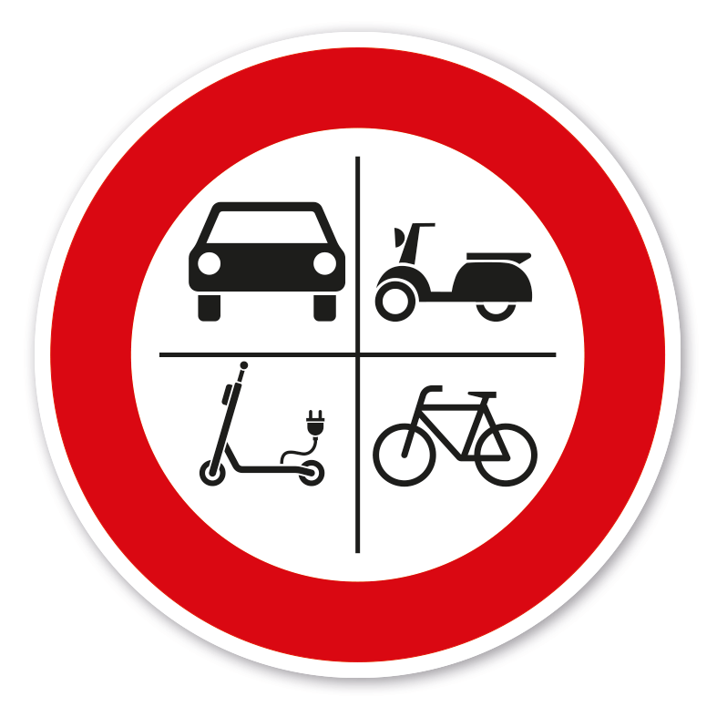 Verkehrsschild Durchfahrtsverbot für Autos, Roller, E-Scooter  und Fahrräder– VZ-PR-201