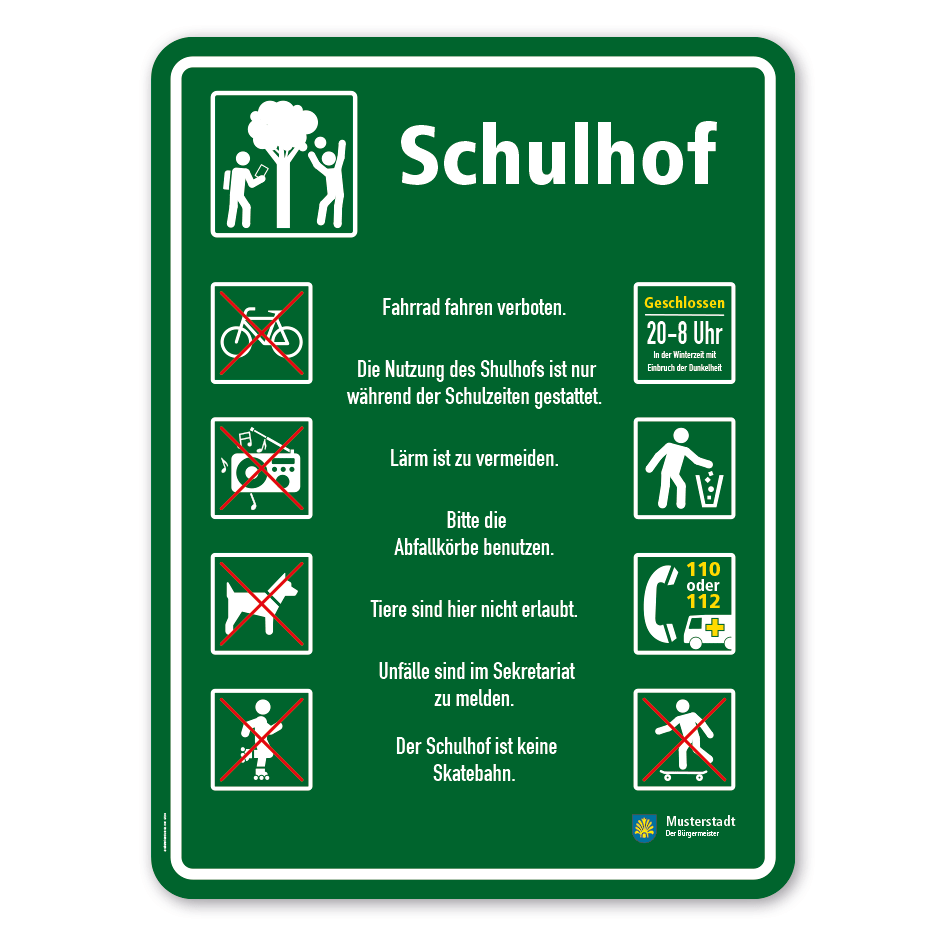 Spielplatzschild - Schulhof - mit kleinem Wappen und 8 frei zu wählenden Piktogrammen – Schilderserie SP-03