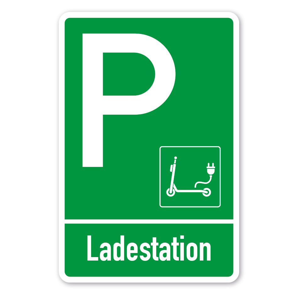 Parkplatzschild Ladestation E-Scooter - E-Roller - einzeilig mit kleinem Piktogramm - Verkehrsschild – Grüne Ausführung