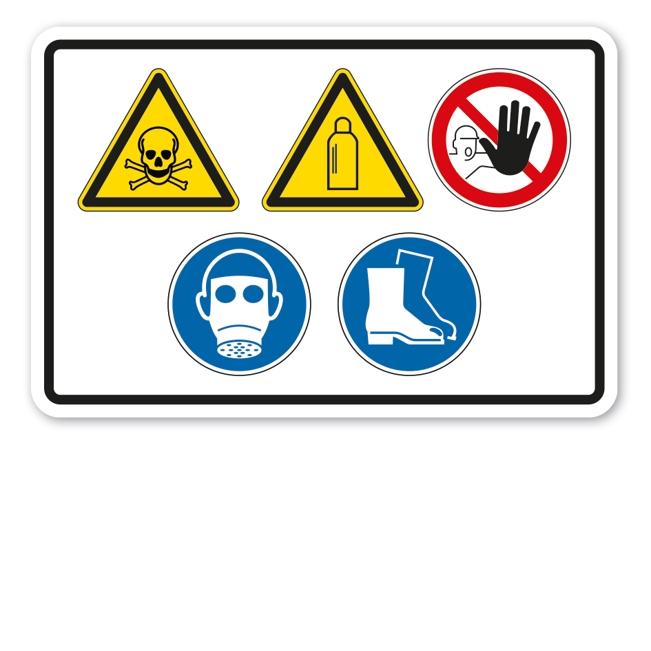 Warnschild mit 5 Sicherheitszeichen