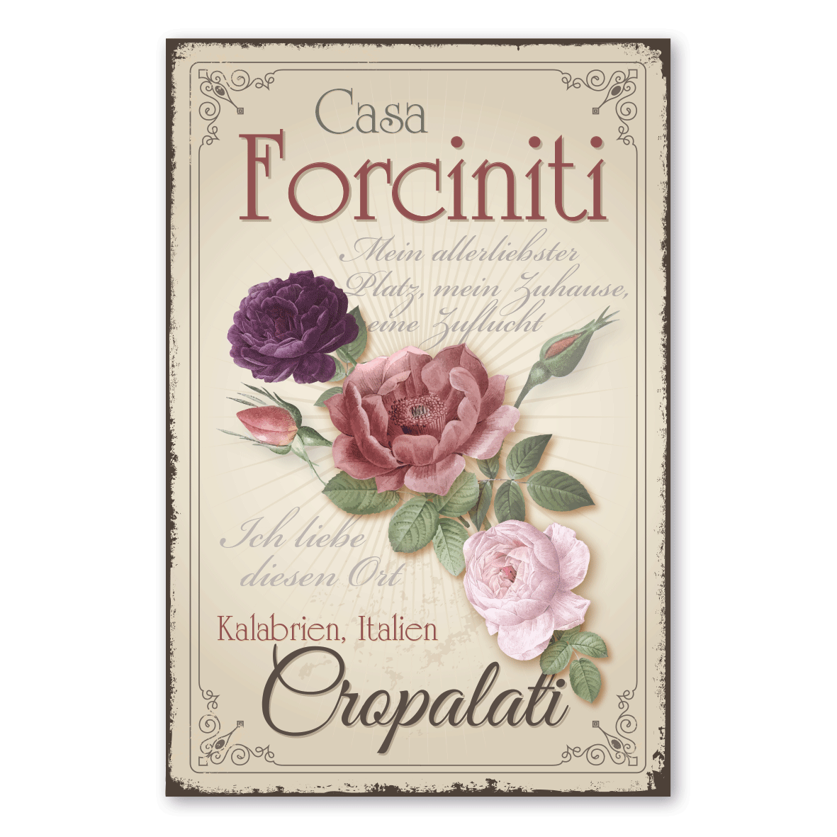 Florales Retroschild / Vintage-Schild Casa - mit Ihrem Namens- und Adresseindruck - Mein allerliebster Platz, mein Zuhause, meine Zuflucht