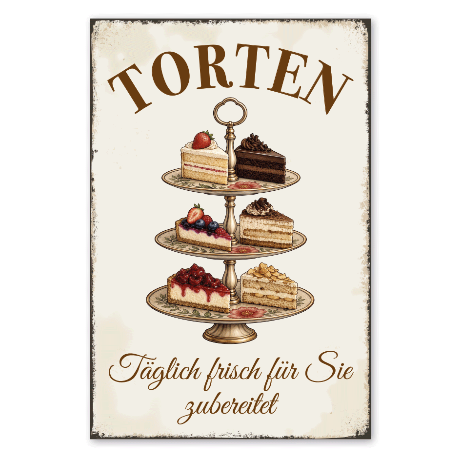 Retroschild Torten - Täglich frisch für Sie zubereitet